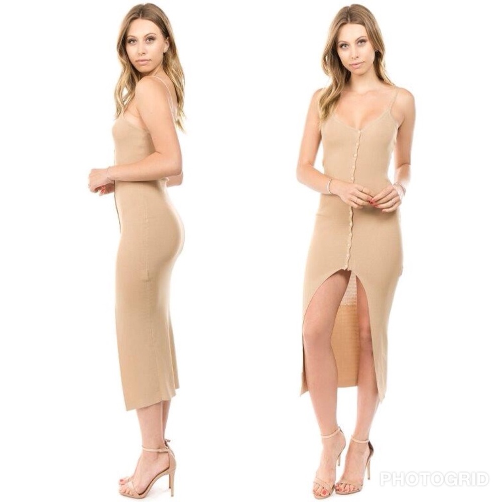  Nude Button Down Bodycon Dress